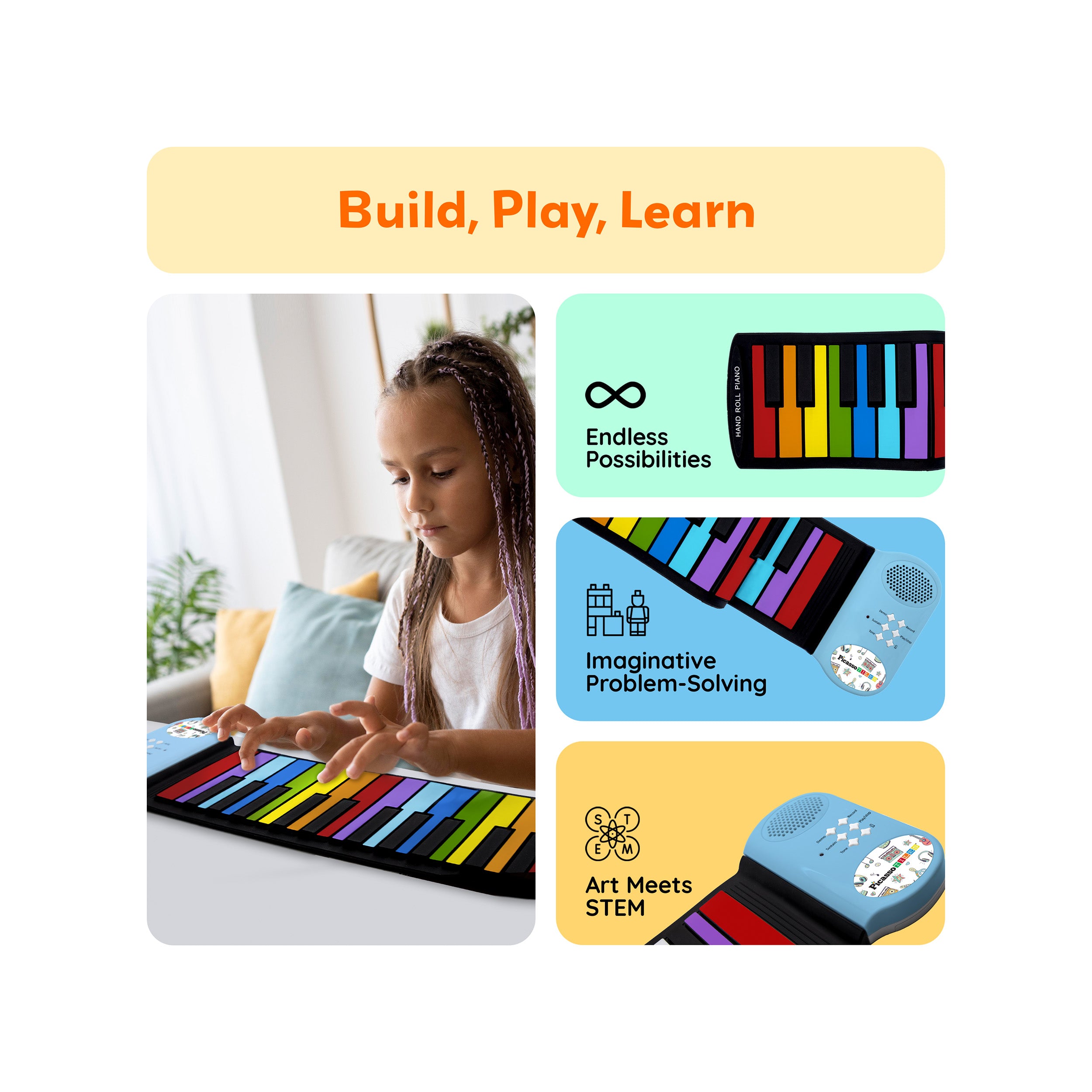 PicassoTiles Kid's 49 Colorful Key Roll-Up Educational Keyboard