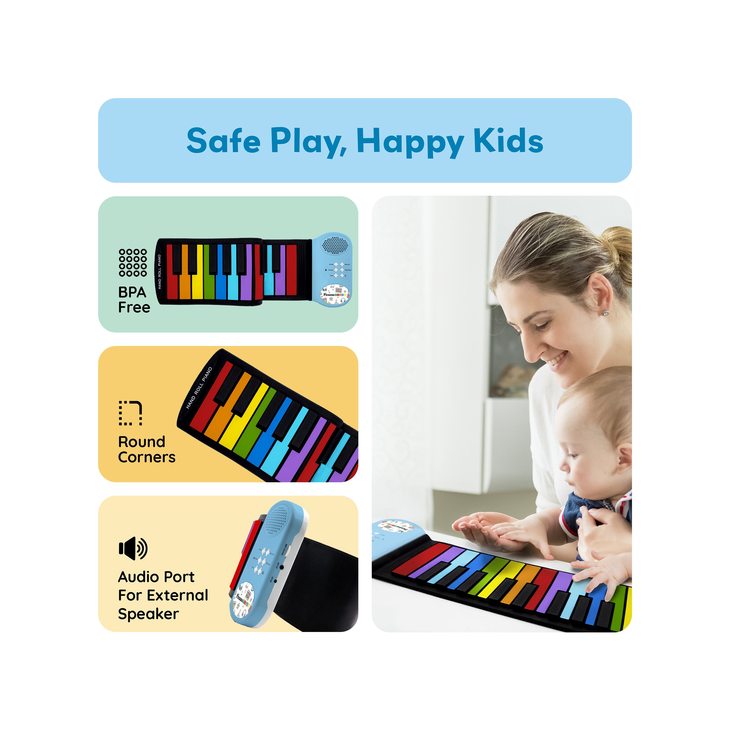 PicassoTiles Kid's 49 Colorful Key Roll-Up Educational Keyboard