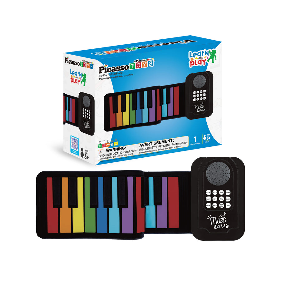 PicassoTiles roll-up rainbow piano keyboard with speaker and packaging box.   
PNG