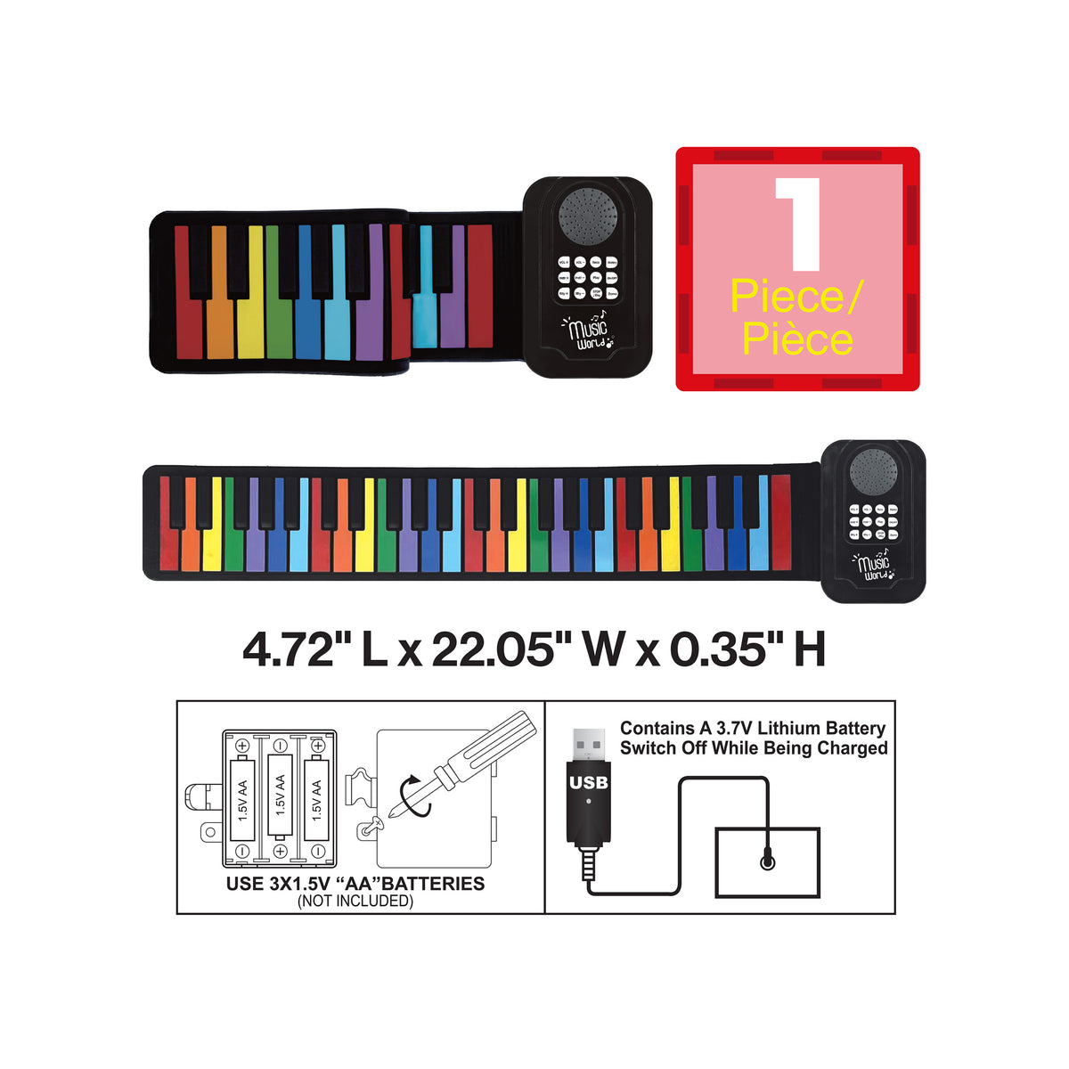 PicassoTiles roll-up piano keyboard dimensions (4.72" L x 22.05" W x 0.35" H) and power specifications diagram.   