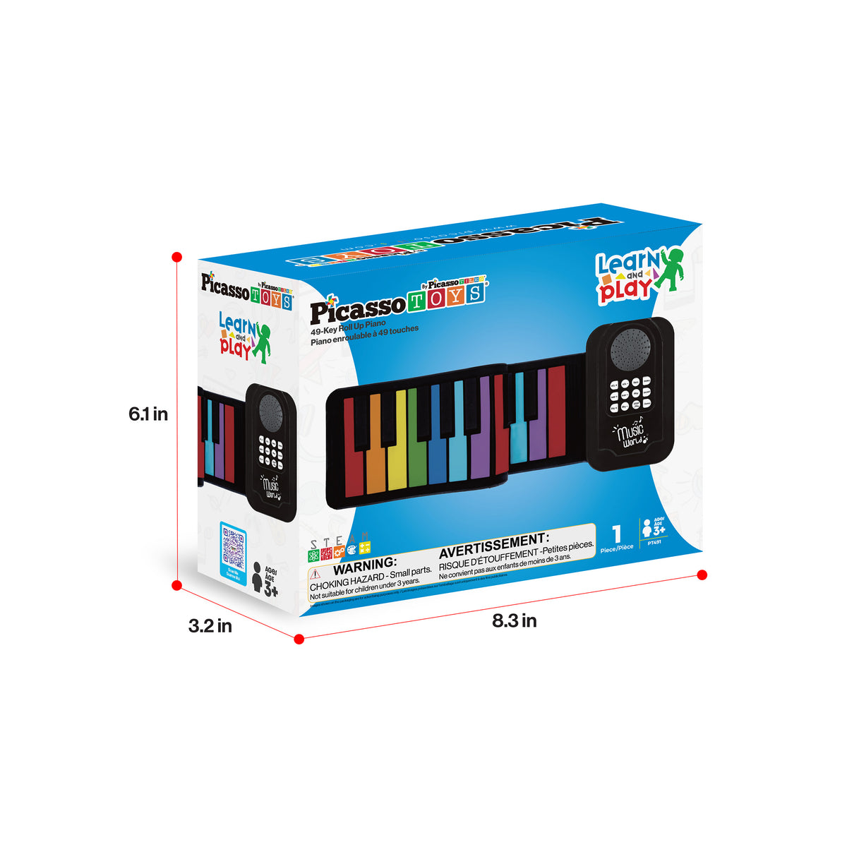 PicassoToys roll-up piano keyboard packaging box with dimensions (6.1 in x 8.3 in x 3.2 in).   
PNG