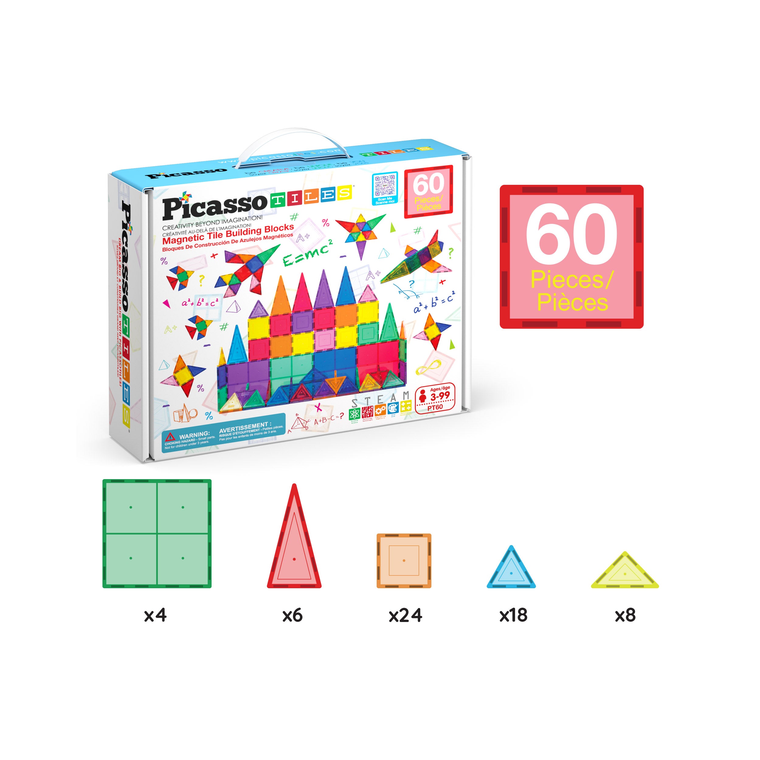 PicassoTiles 60 Piece Classic Magnetic Tiles