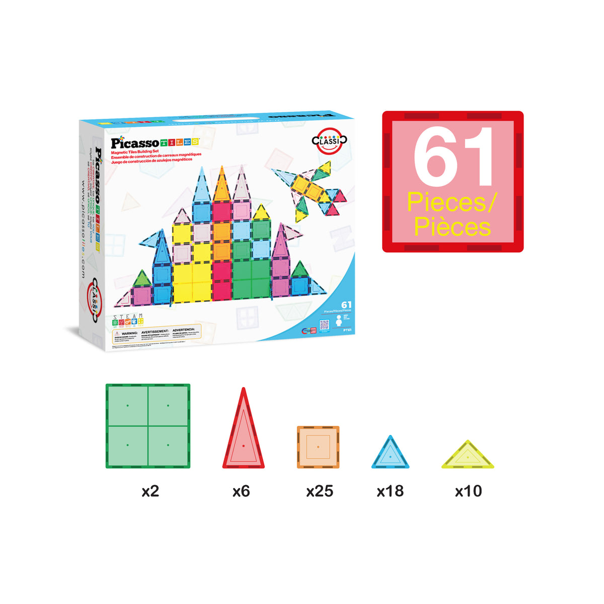 PicassoTiles 61pc Magnetic Tile Classic Building Set