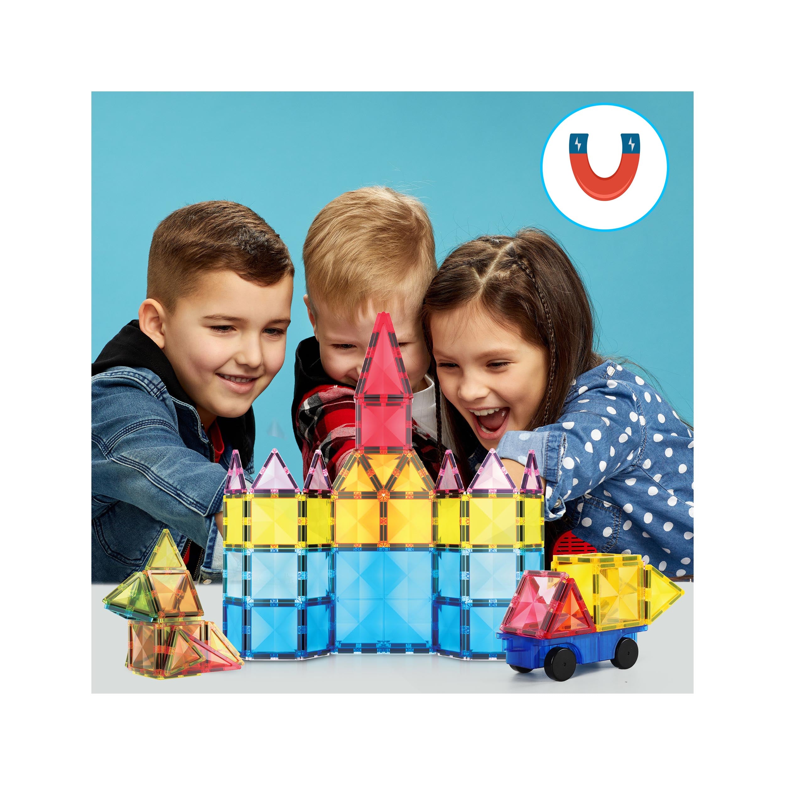 PicassoTiles Magnetic Tiles with Vehicle Base 63 Piece Building Block Set