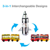PicassoTiles 3in1 Rocket, Train, and Bus with Stick on Designs