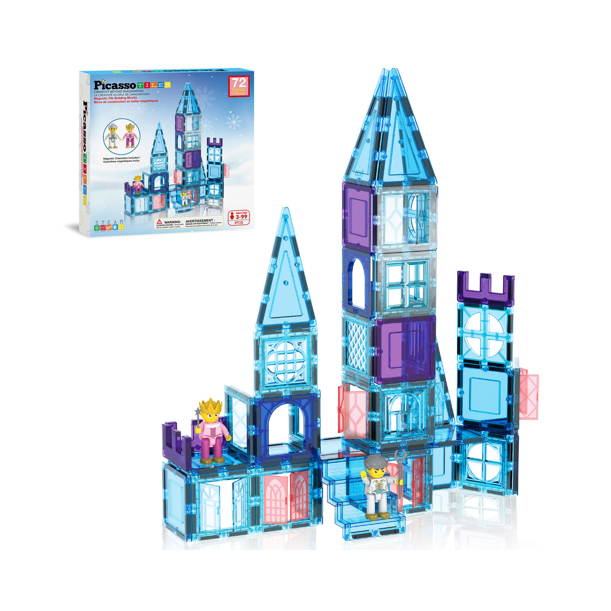 PicassoTiles 72-piece ice castle magnetic tile set product box and assembled blue and purple fortress with character figures.