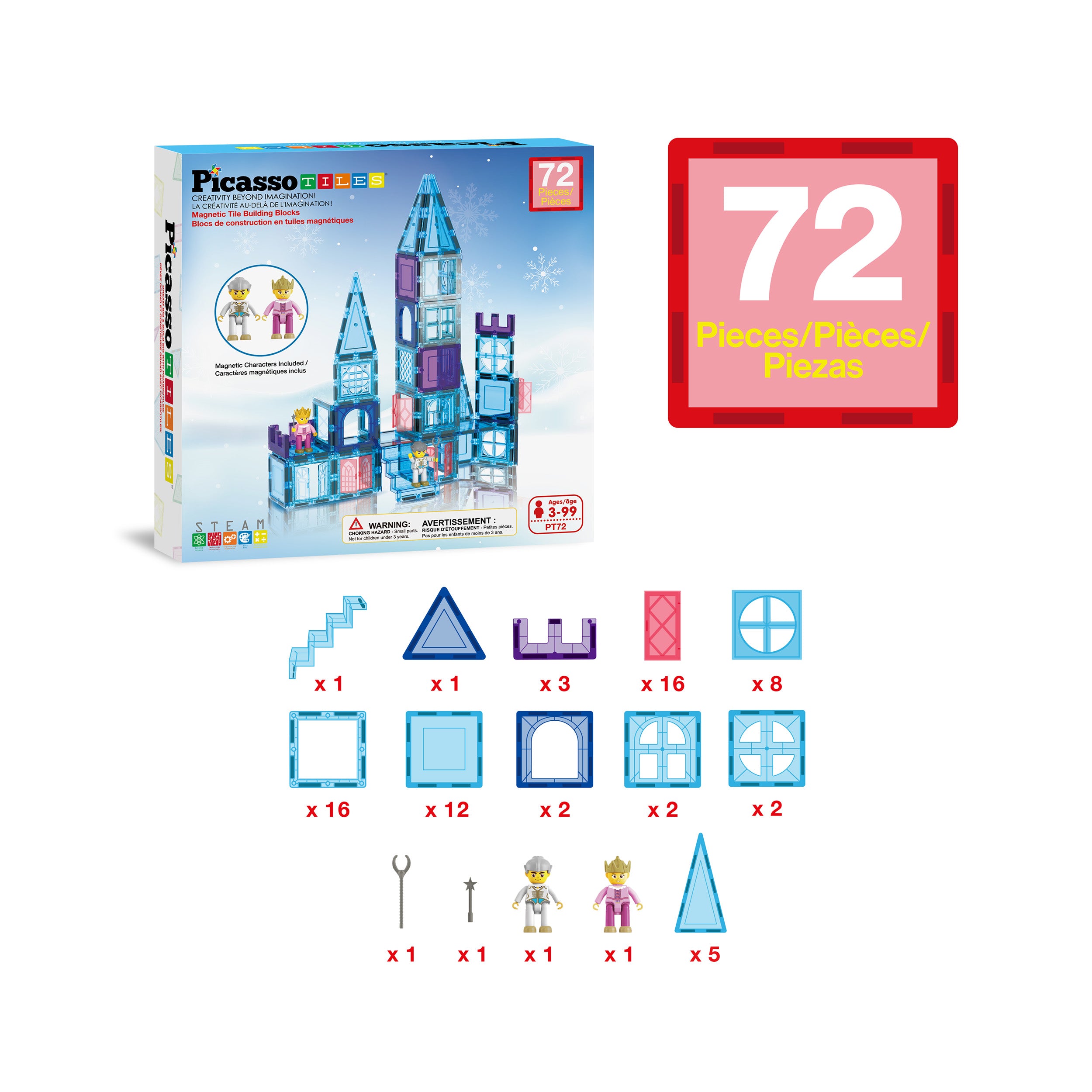 PicassoTiles 72pc Magnetic Tiles Winter Ice Castle Set