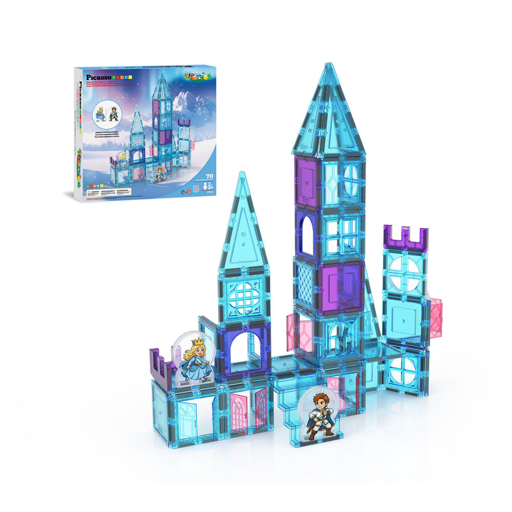 PicassoTiles ice castle magnetic building set featuring translucent blue and purple panels and two character figurines.