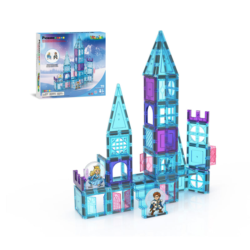 PicassoTiles ice castle magnetic building set featuring translucent blue and purple panels and two character figurines.