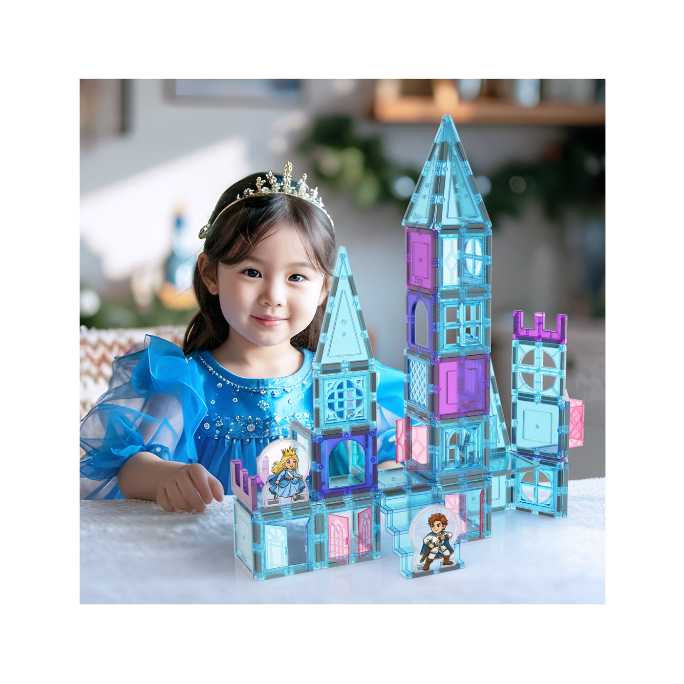 PicassoTiles Magnetic Tiles Winter Ice Castle Set with Characters 70pc