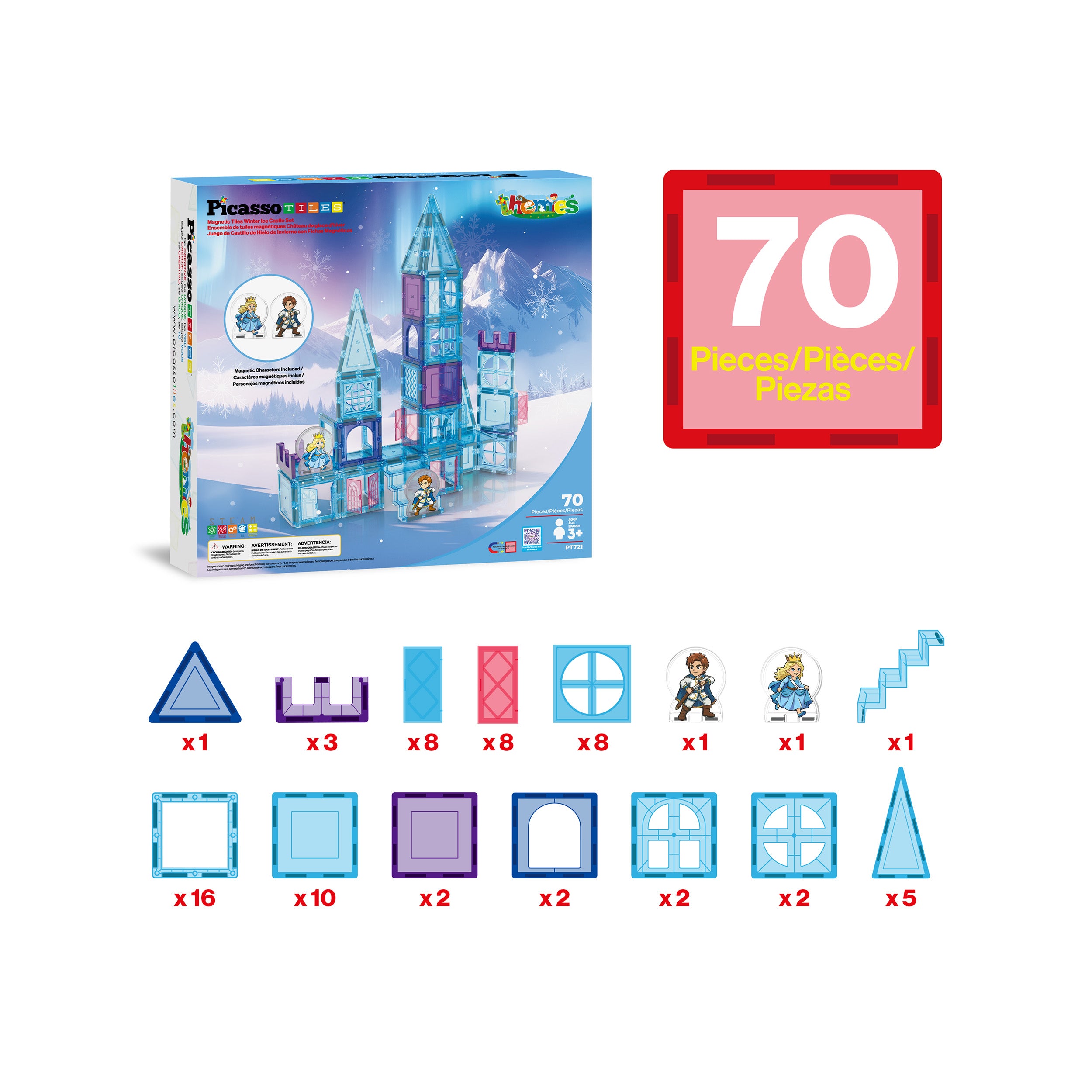 PicassoTiles Magnetic Tiles Winter Ice Castle Set with Characters 70pc