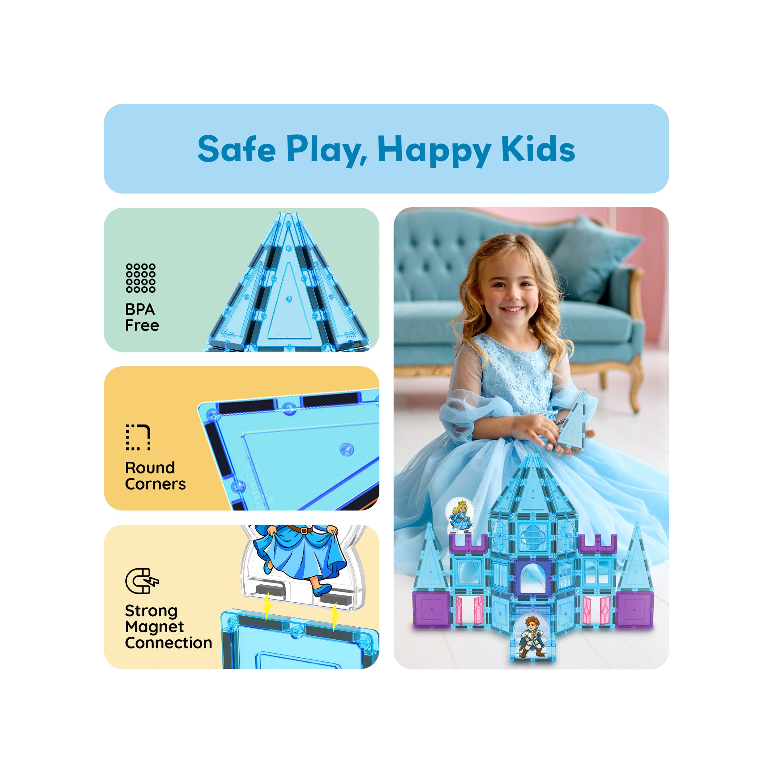 PicassoTiles Magnetic Tiles Winter Ice Castle Set with Characters 70pc