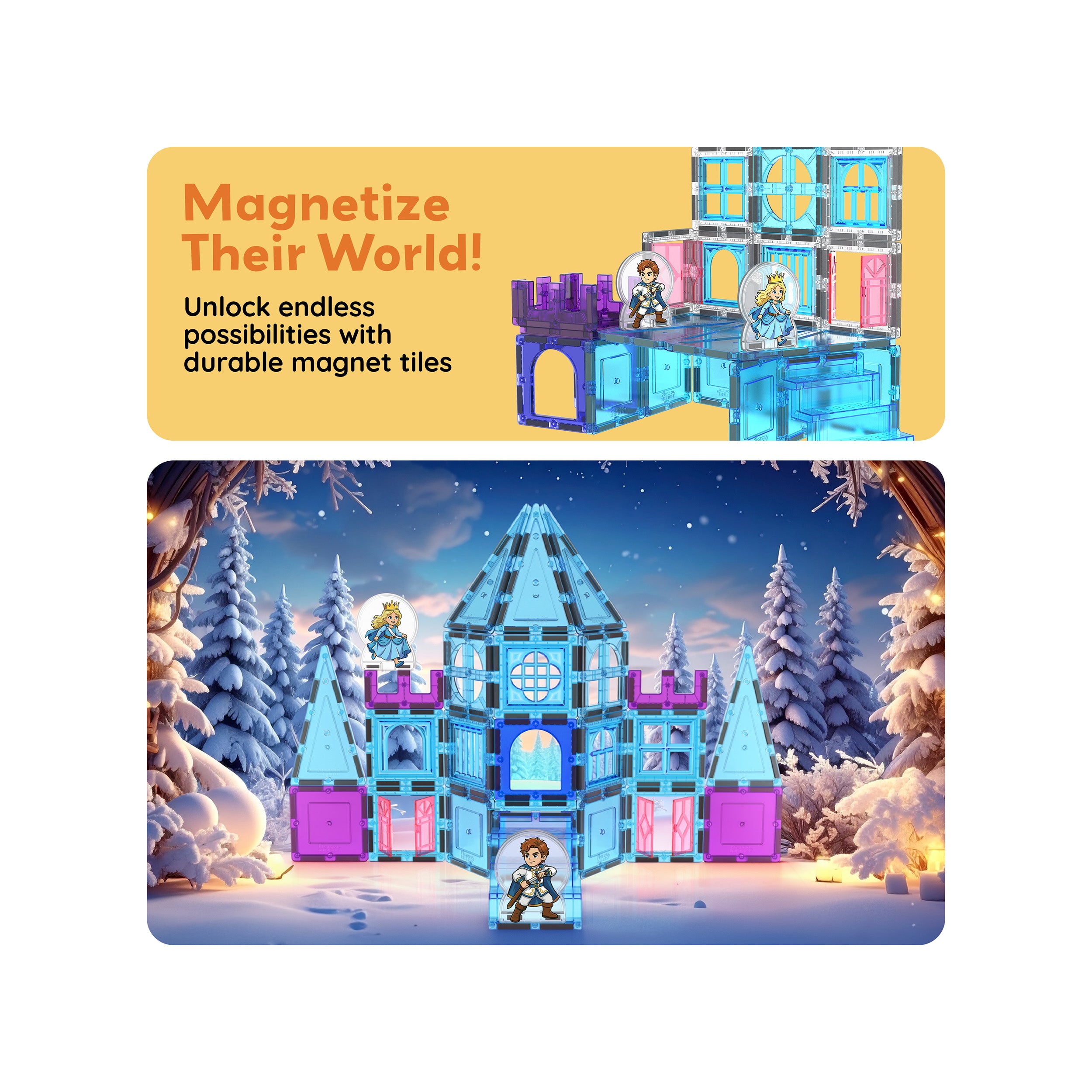 PicassoTiles Magnetic Tiles Winter Ice Castle Set with Characters 70pc