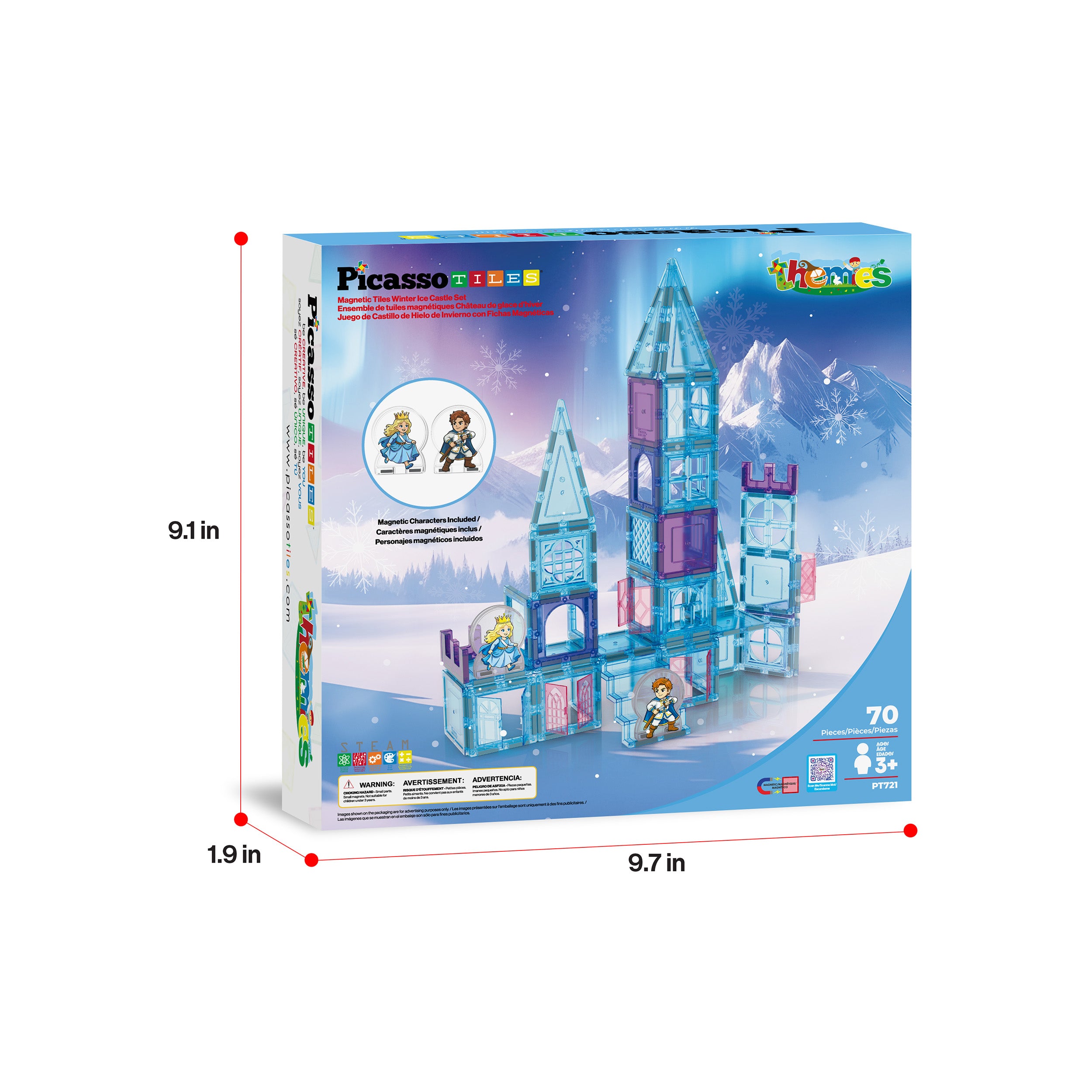 PicassoTiles Magnetic Tiles Winter Ice Castle Set with Characters 70pc