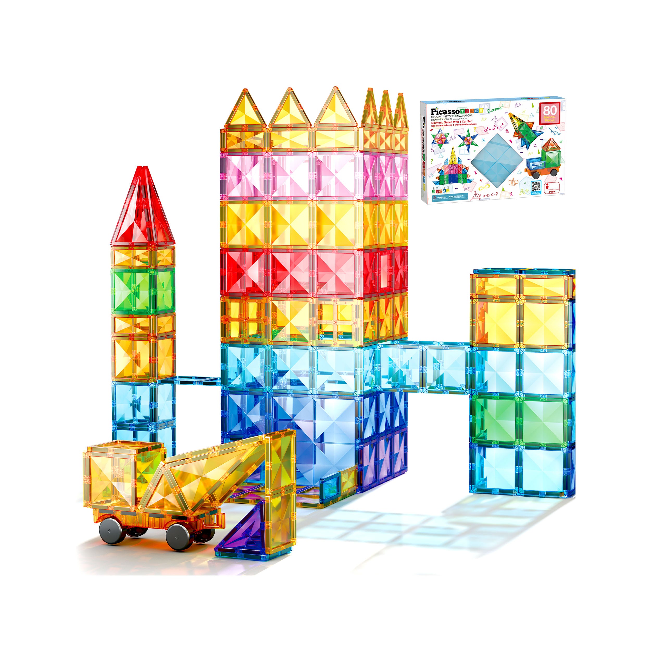 PicassoTiles 80pc Magnetic Tile Diamond Building Set w/Car Base