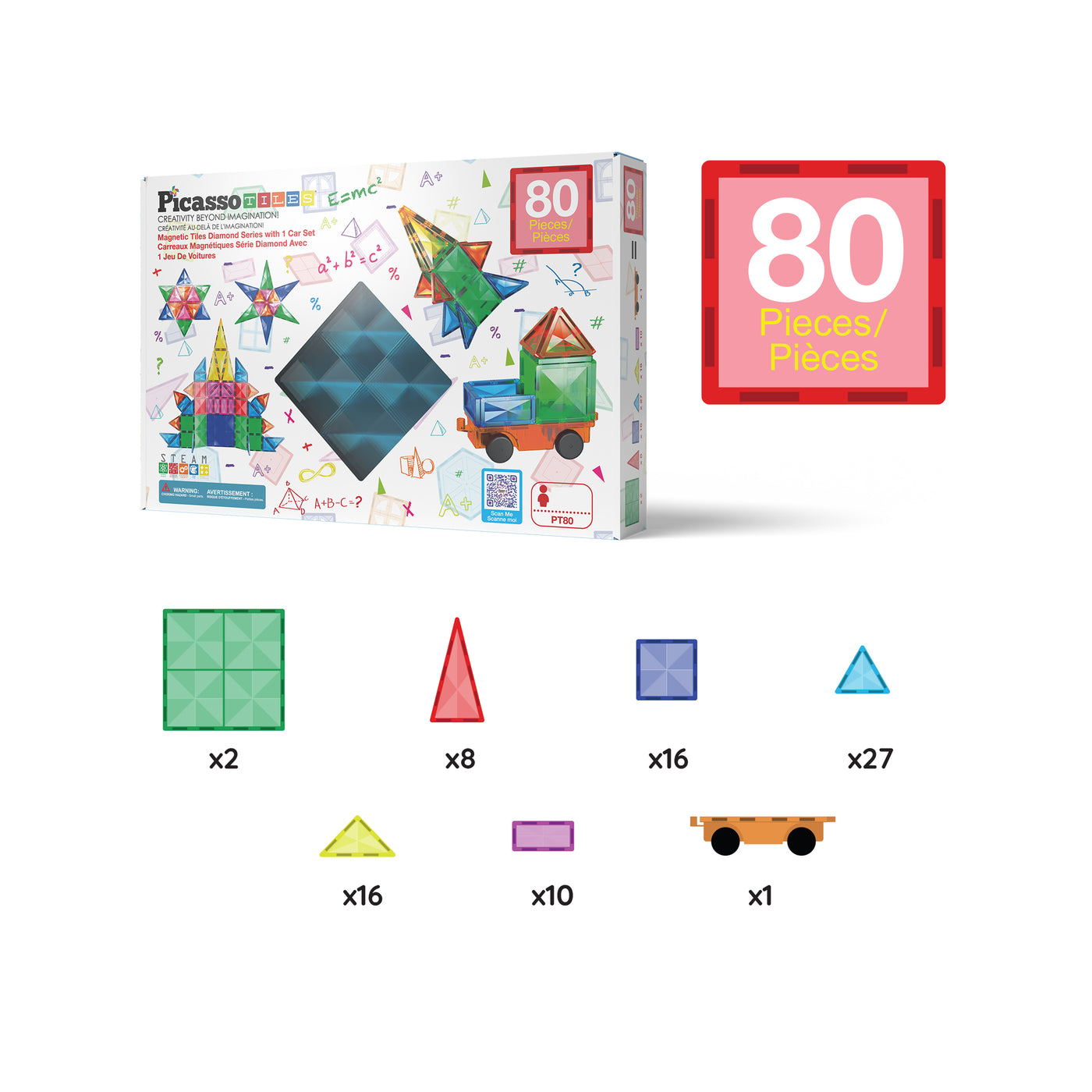 PicassoTiles 80pc Magnetic Tile Diamond Building Set w/Car Base