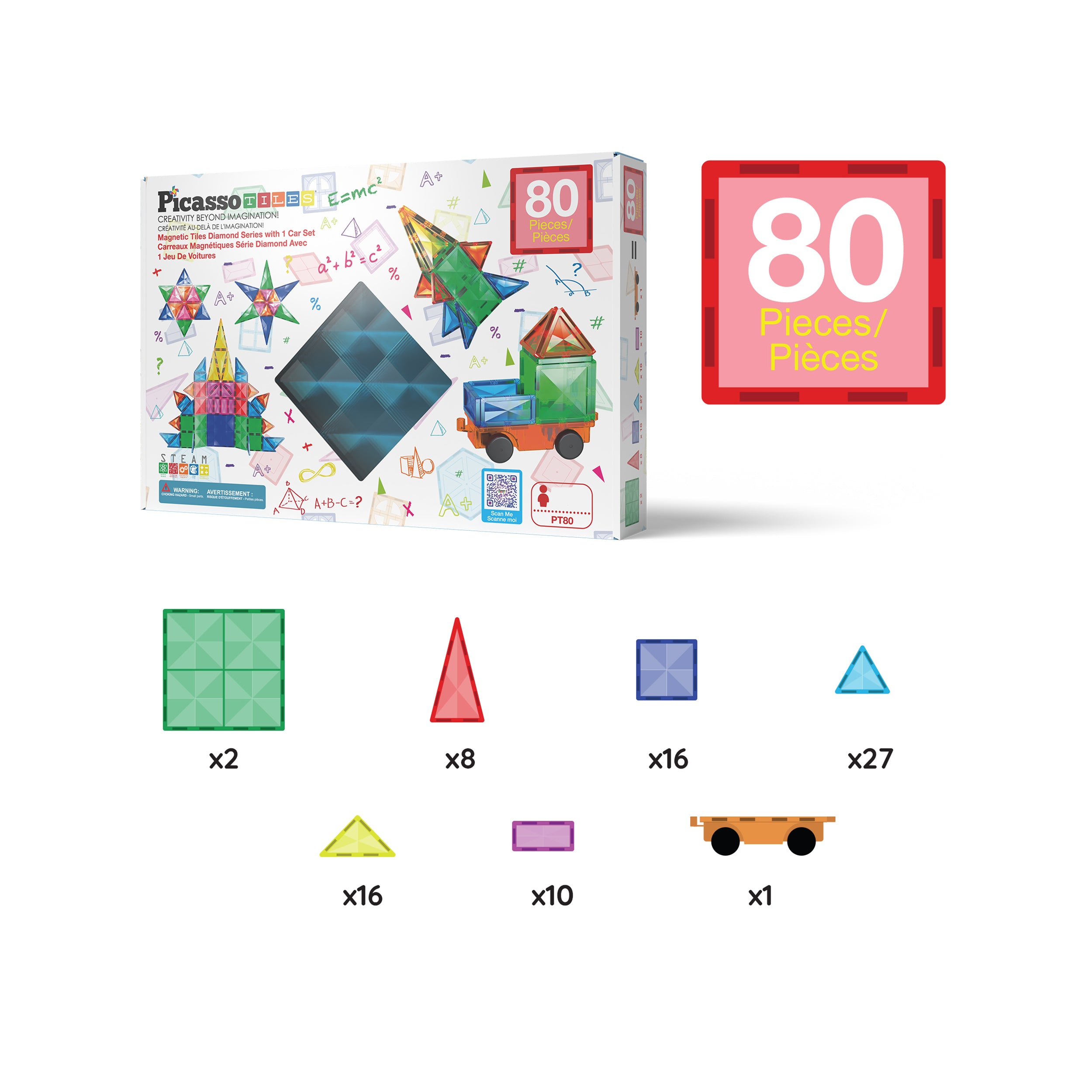 PicassoTiles 80pc Magnetic Tile Diamond Building Set w/Car Base