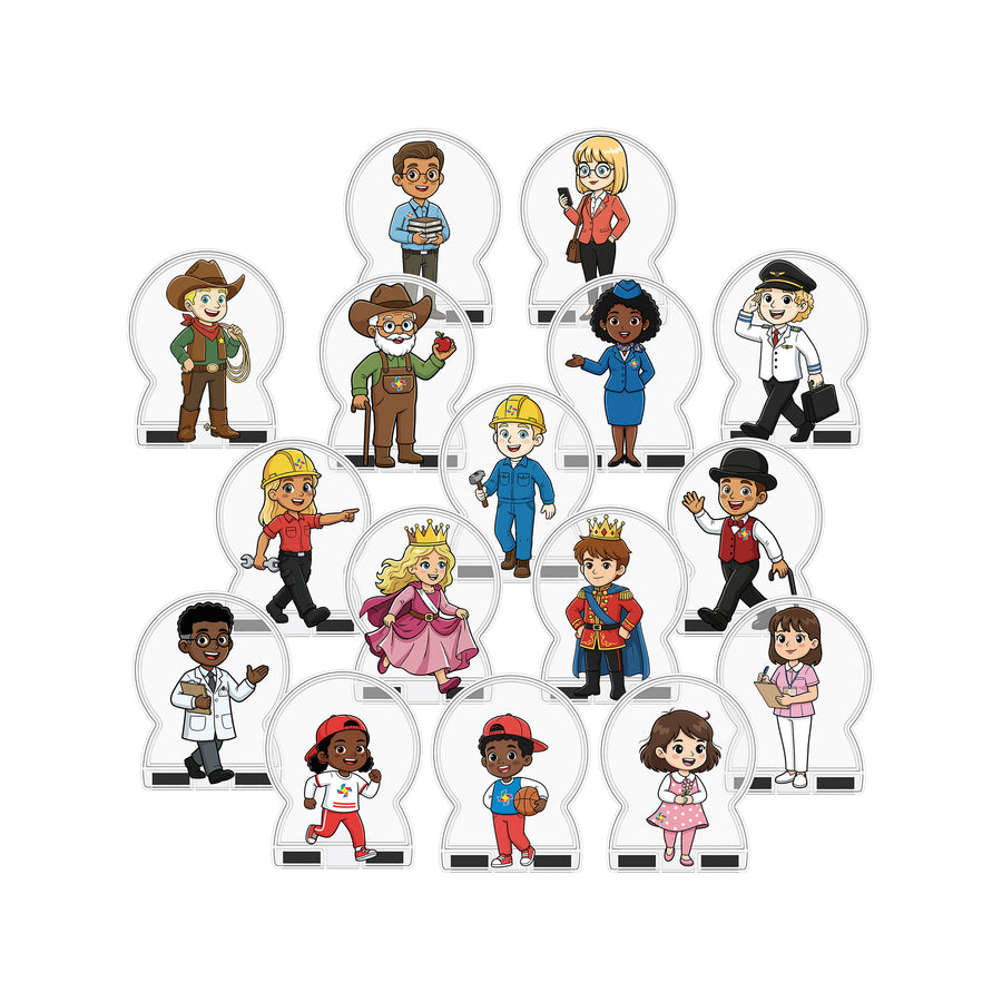 15 cartoon character toy standees representing various professions and community roles isolated on white.