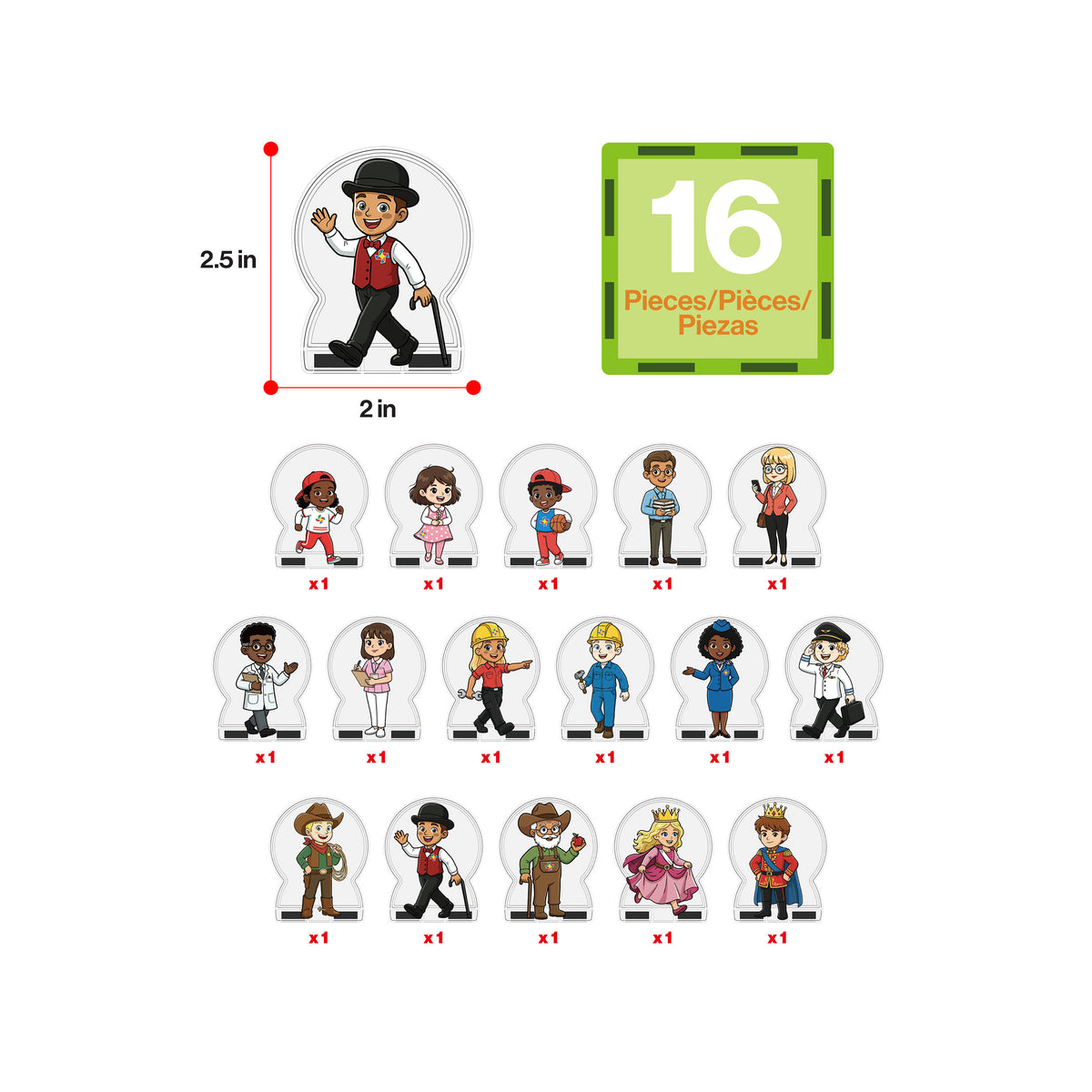 Diagram showing a 16-piece breakdown and dimensions (2.5 in x 2 in) for cartoon character figure standees.