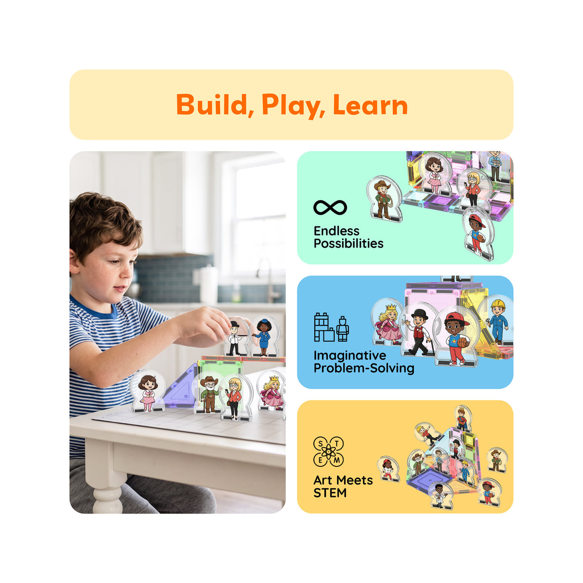 Child playing with character figures and magnetic tiles beside panels highlighting creative STEM learning.