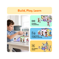 Child playing with character figures and magnetic tiles beside panels highlighting creative STEM learning.