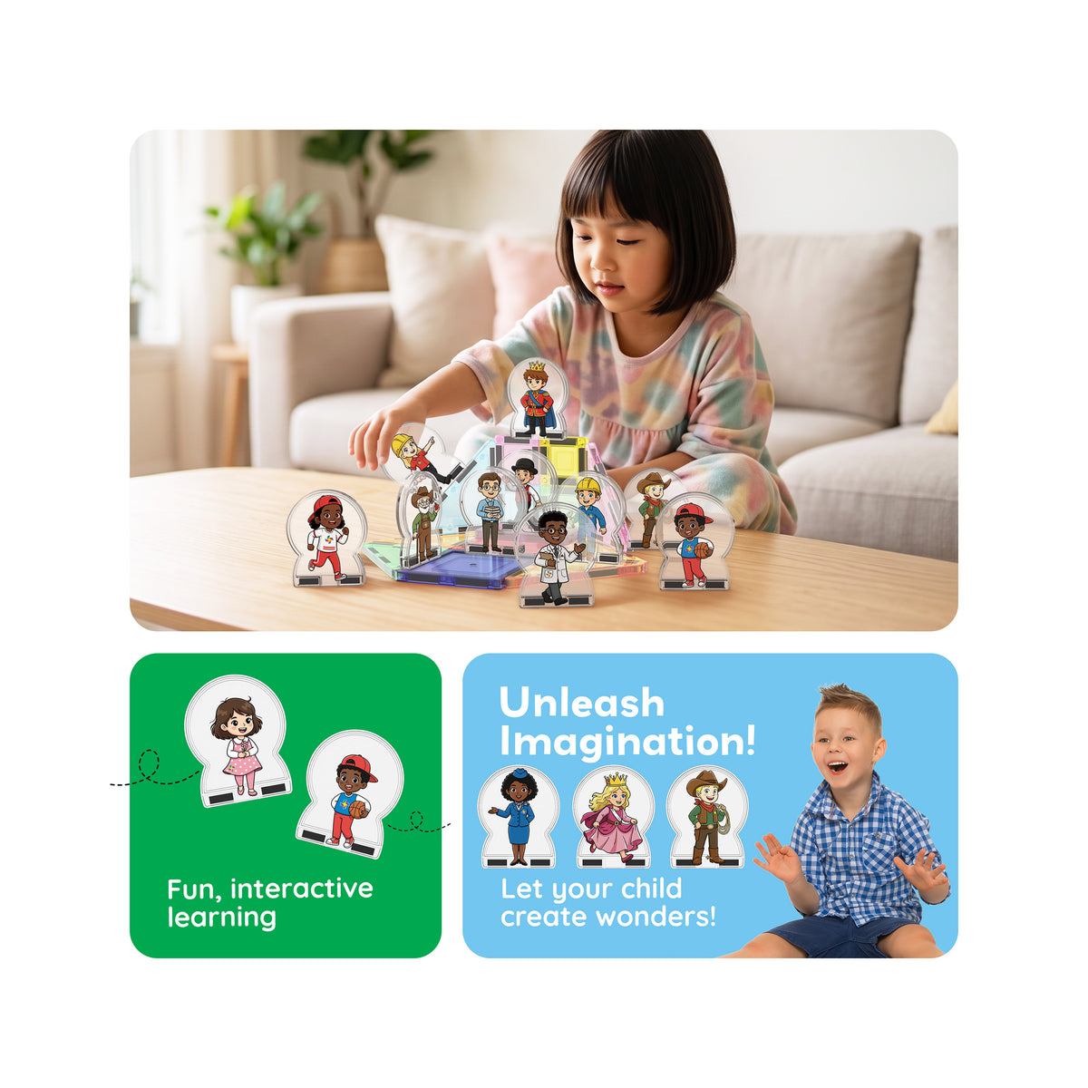 Girl playing with character figures and magnetic tiles above panels highlighting interactive learning and imagination.