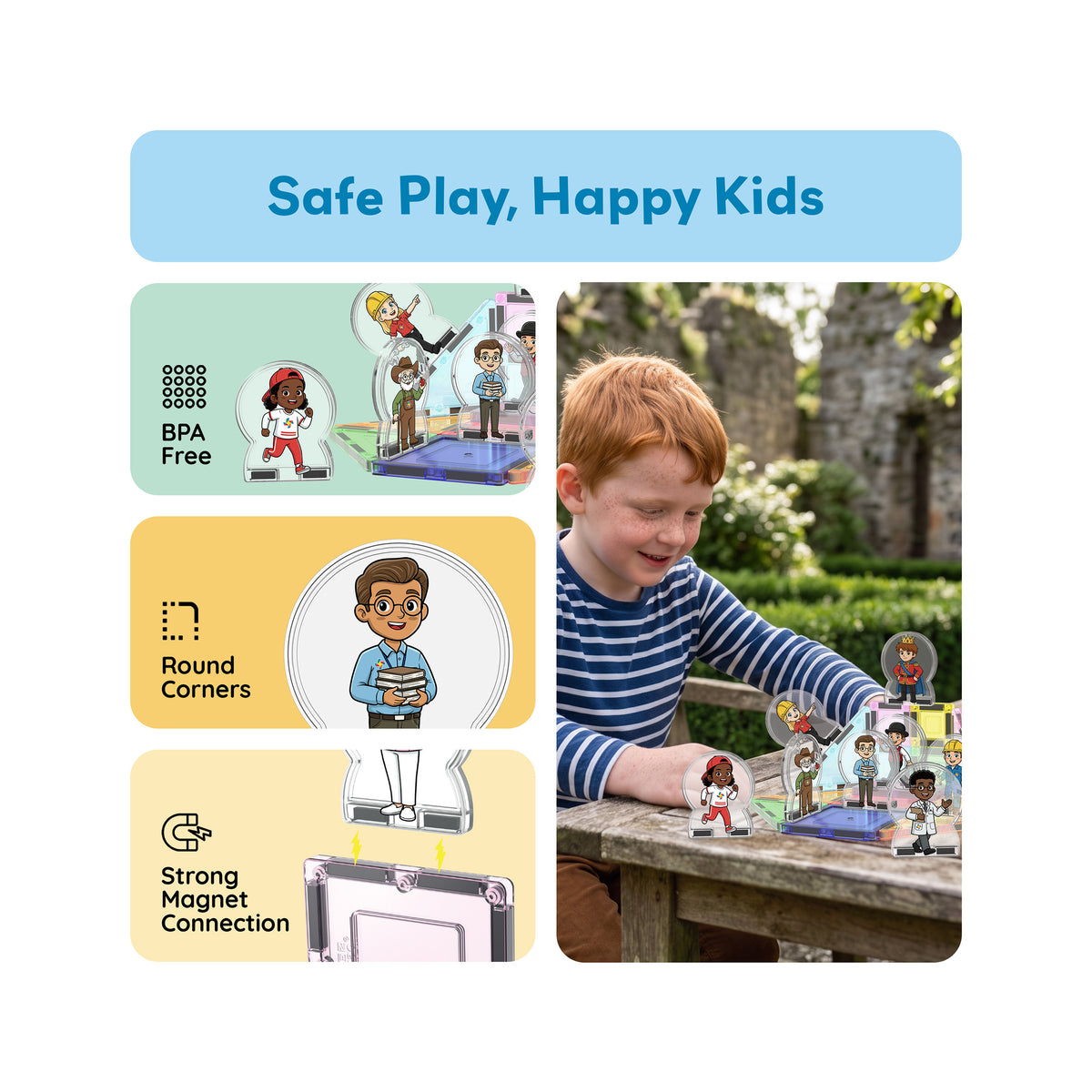 Boy playing with magnetic character figures beside panels highlighting safety and magnet features.