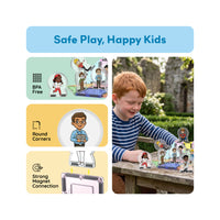 Boy playing with magnetic character figures beside panels highlighting safety and magnet features.