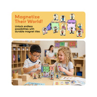 Two kids playing with magnetic tiles and figures in a classroom below "Magnetize Their World!" text.