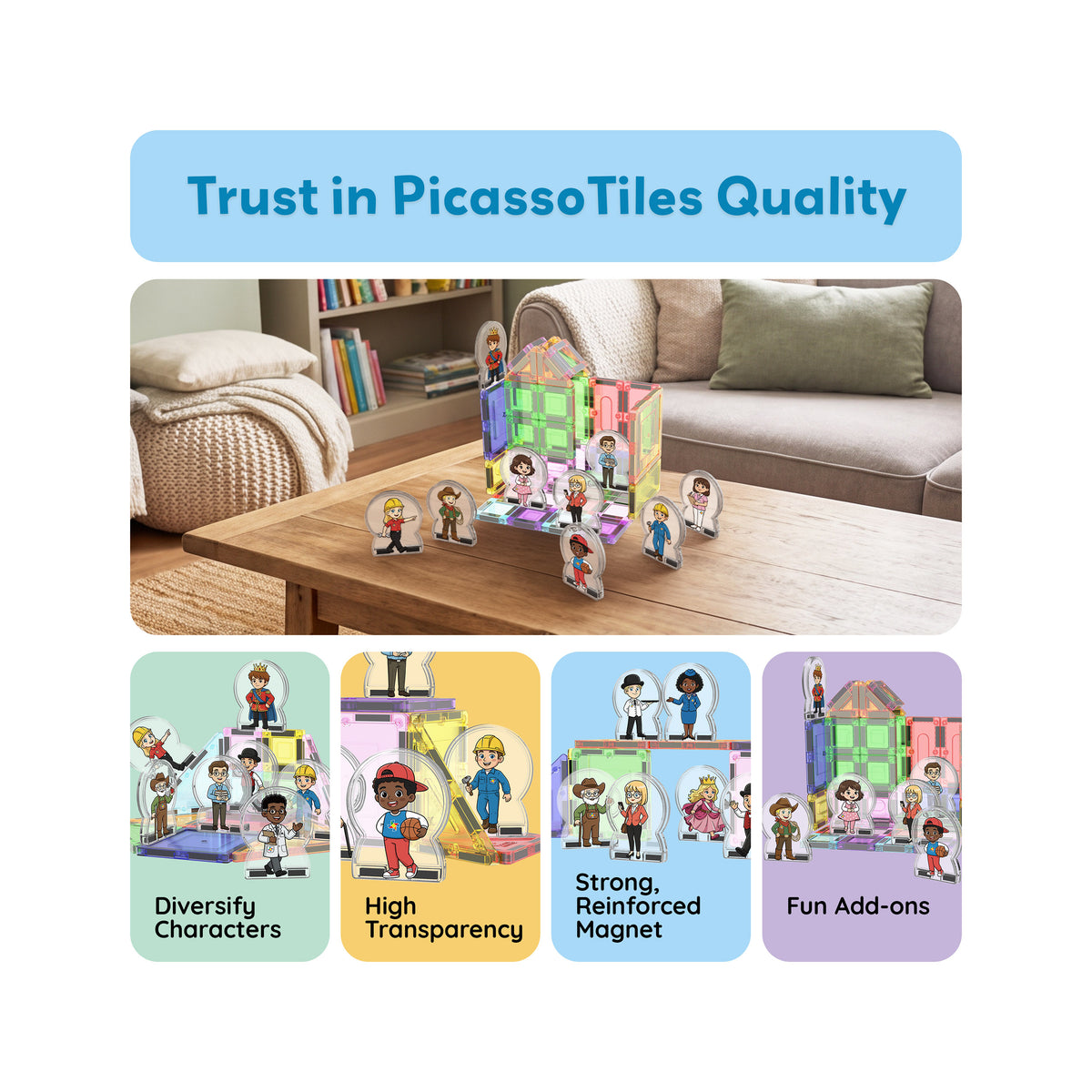 PicassoTiles character figures set with magnetic tiles on a coffee table, highlighting key features in four bottom panels.