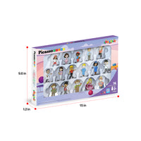 PicassoTiles 16-piece character figure set packaging box with product dimensions (9.6 in x 15 in x 1.2 in)