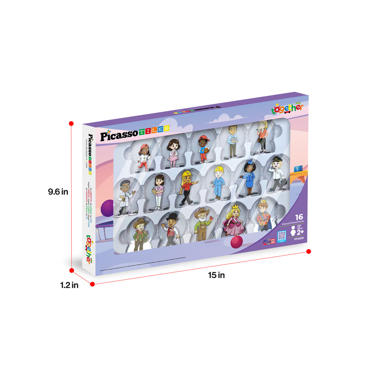 PicassoTiles 16-piece character figure set packaging box with product dimensions (9.6 in x 15 in x 1.2 in)