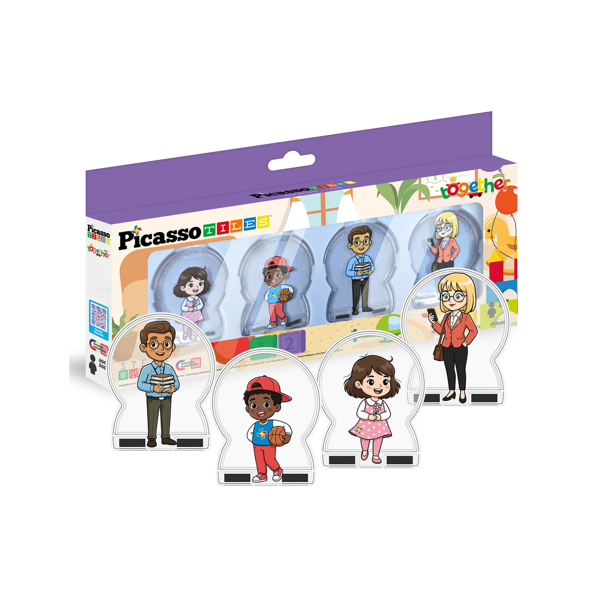 PicassoTiles Together family magnetic action figures set featuring dad, mom, boy with basketball, girl, and packaging box.