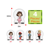 PicassoTiles Together 4-piece family magnetic figures set piece breakdown diagram with figure dimensions (2.5 in x 2 in).