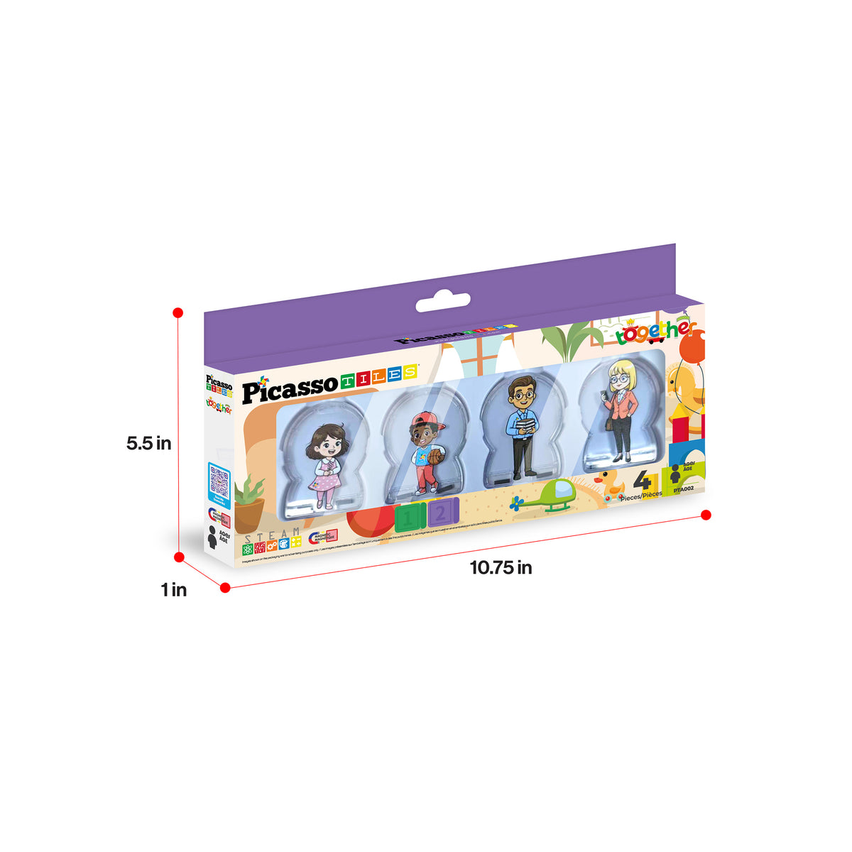 PicassoTiles Together 4-piece family magnetic figures set packaging box with dimensions (5.5 in x 10.75 in x 1 in).