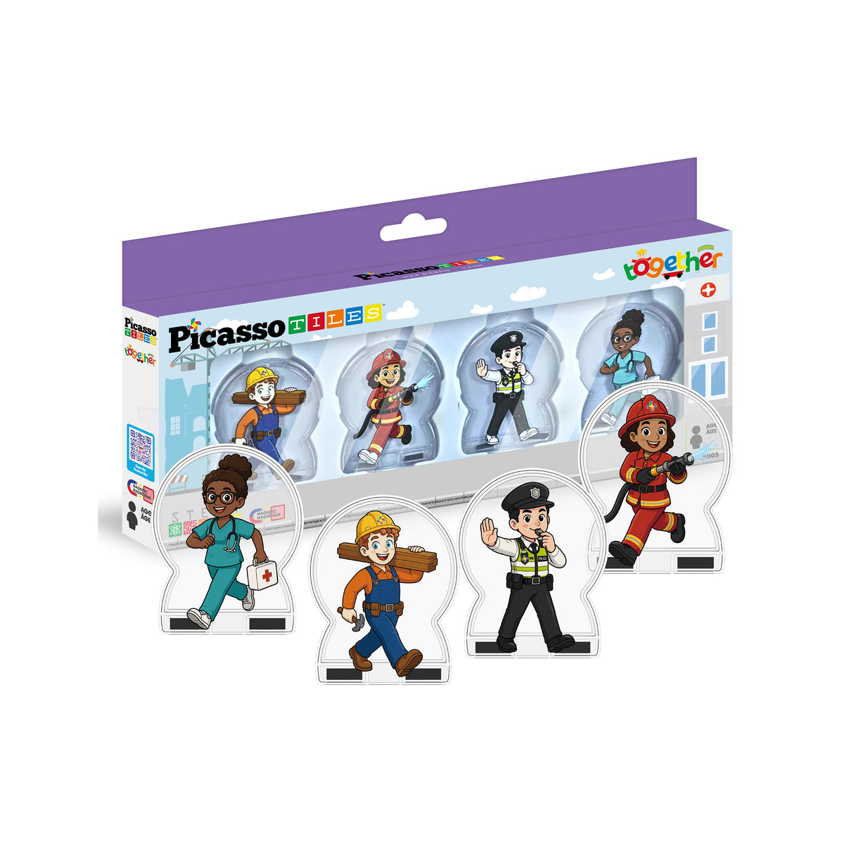 PicassoTiles community helpers magnetic action figures set featuring nurse, builder, police officer, and firefighter characters.