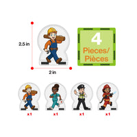 PicassoTiles 4-piece community helpers set piece breakdown diagram with figure dimensions (2.5 in x 2 in).