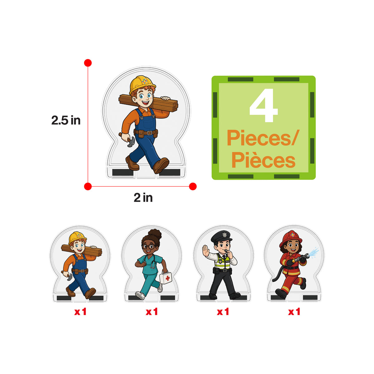 PicassoTiles 4-piece community helpers set piece breakdown diagram with figure dimensions (2.5 in x 2 in).