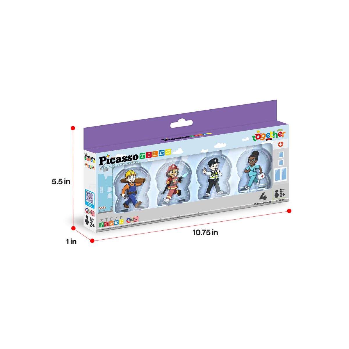 PicassoTiles Together 4-piece community helpers set packaging box with dimensions (5.5 in x 10.75 in x 1 in).
