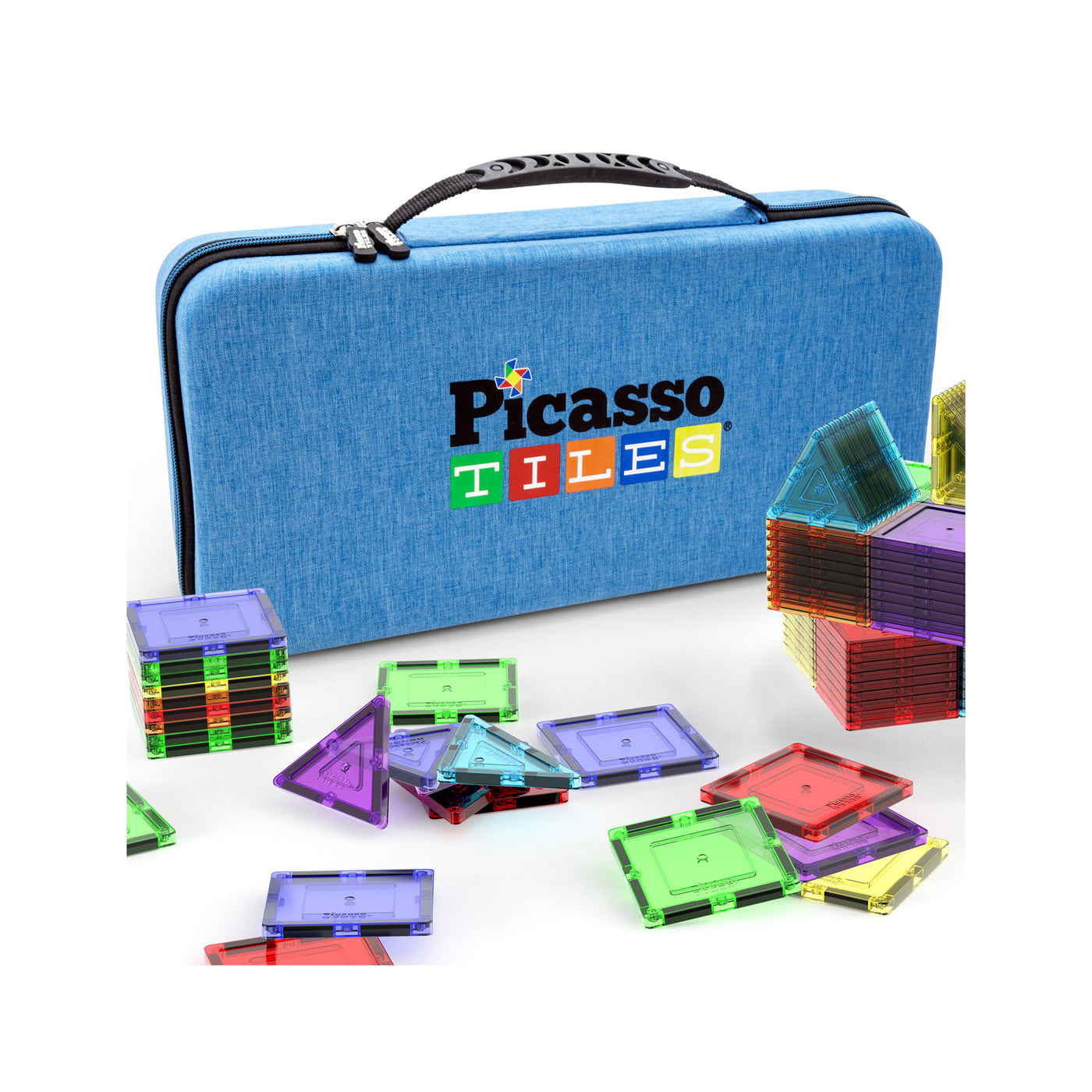 Blue PicassoTiles magnetic tile carry case with zipper and handle, designed for storing and transporting building sets on the go
