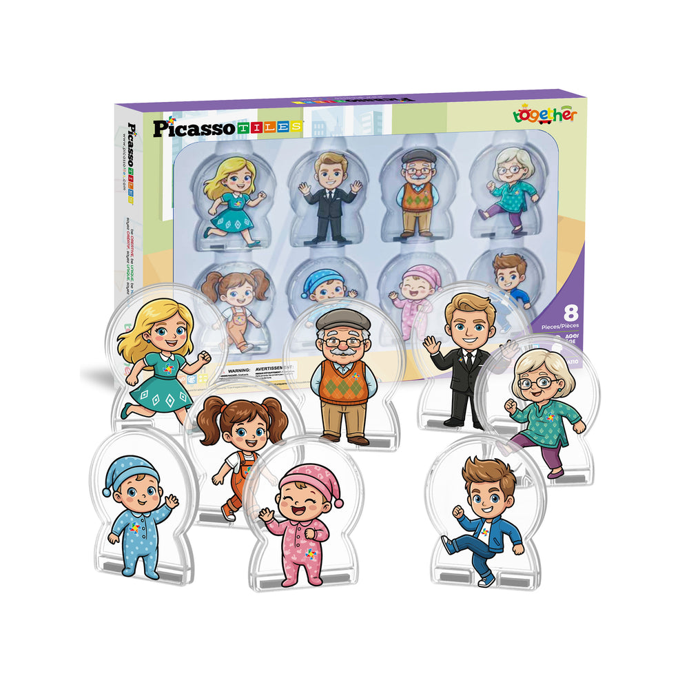PicassoTiles family character set with 8 clear standing figures and product box.