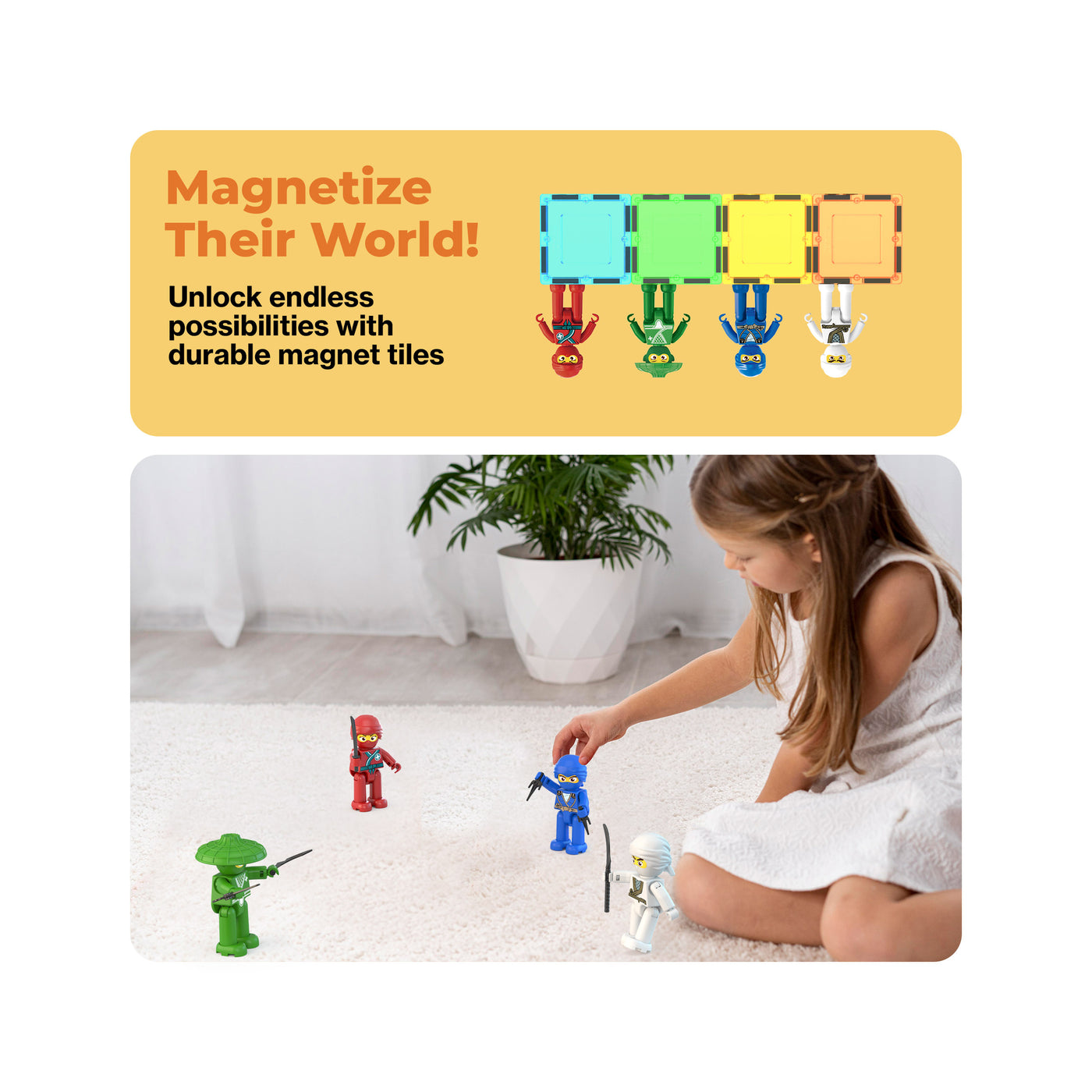 PicassoTiles 4 Piece Ninja Character Magnet Tile Figure Set