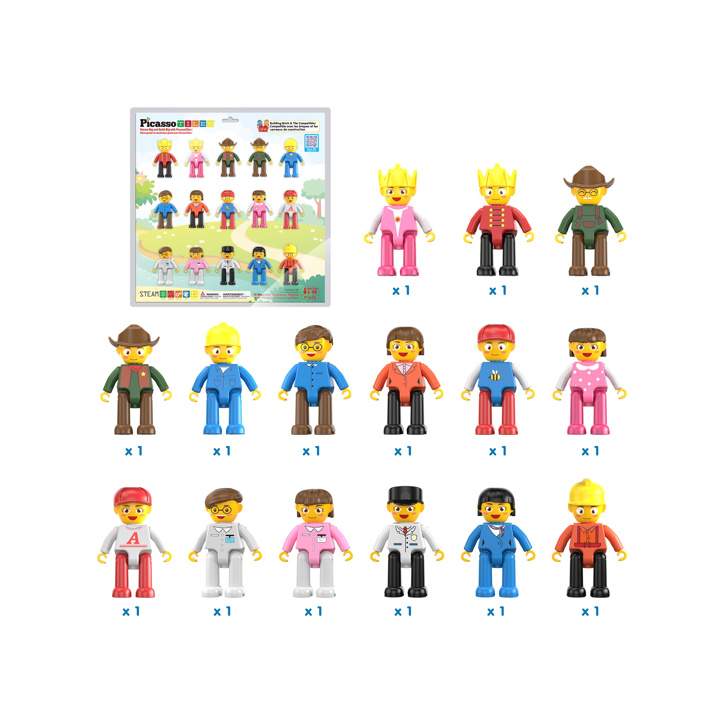 PicassoTiles 15 Piece Magnetic Blocks Character Figure Building Set