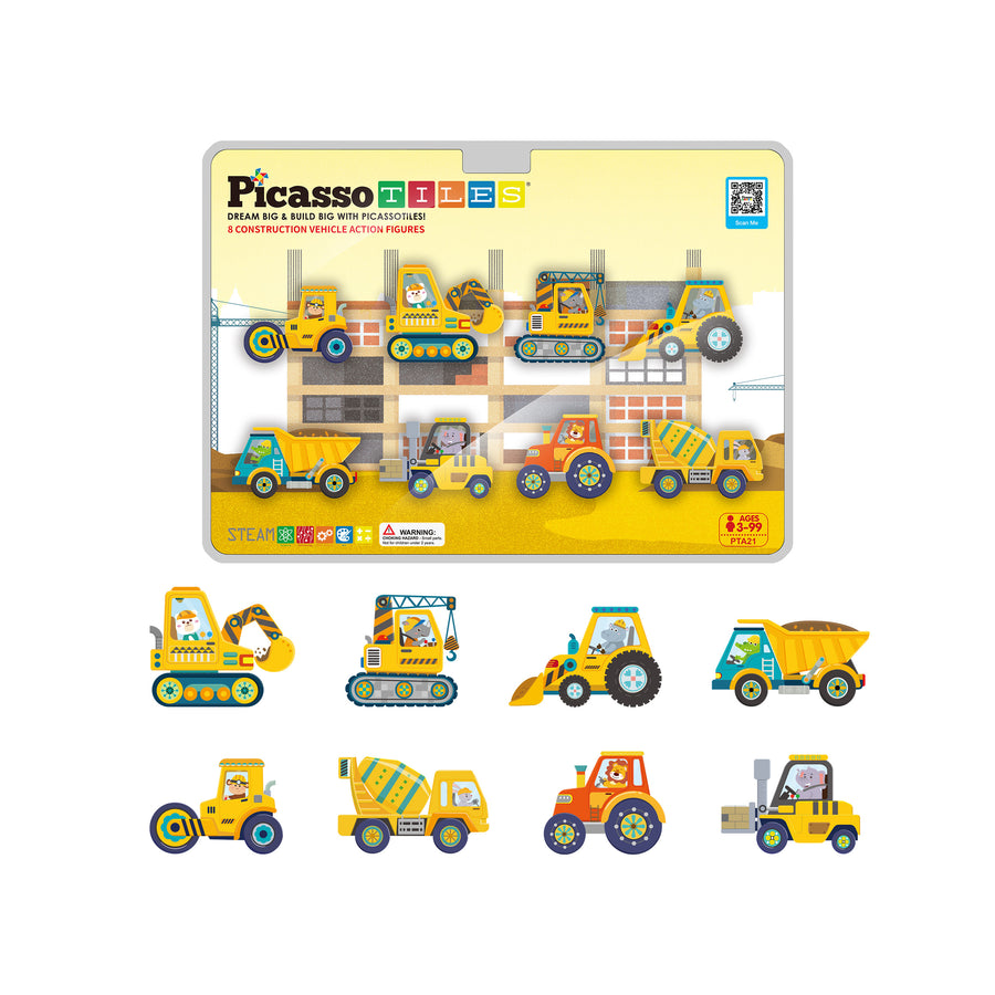 PicassoTiles 8pc Magnet Tile Zoo Animal Set on Construction Vehicles
