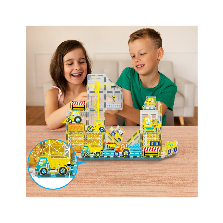 PicassoTiles 8pc Magnet Tile Zoo Animal Set on Construction Vehicles