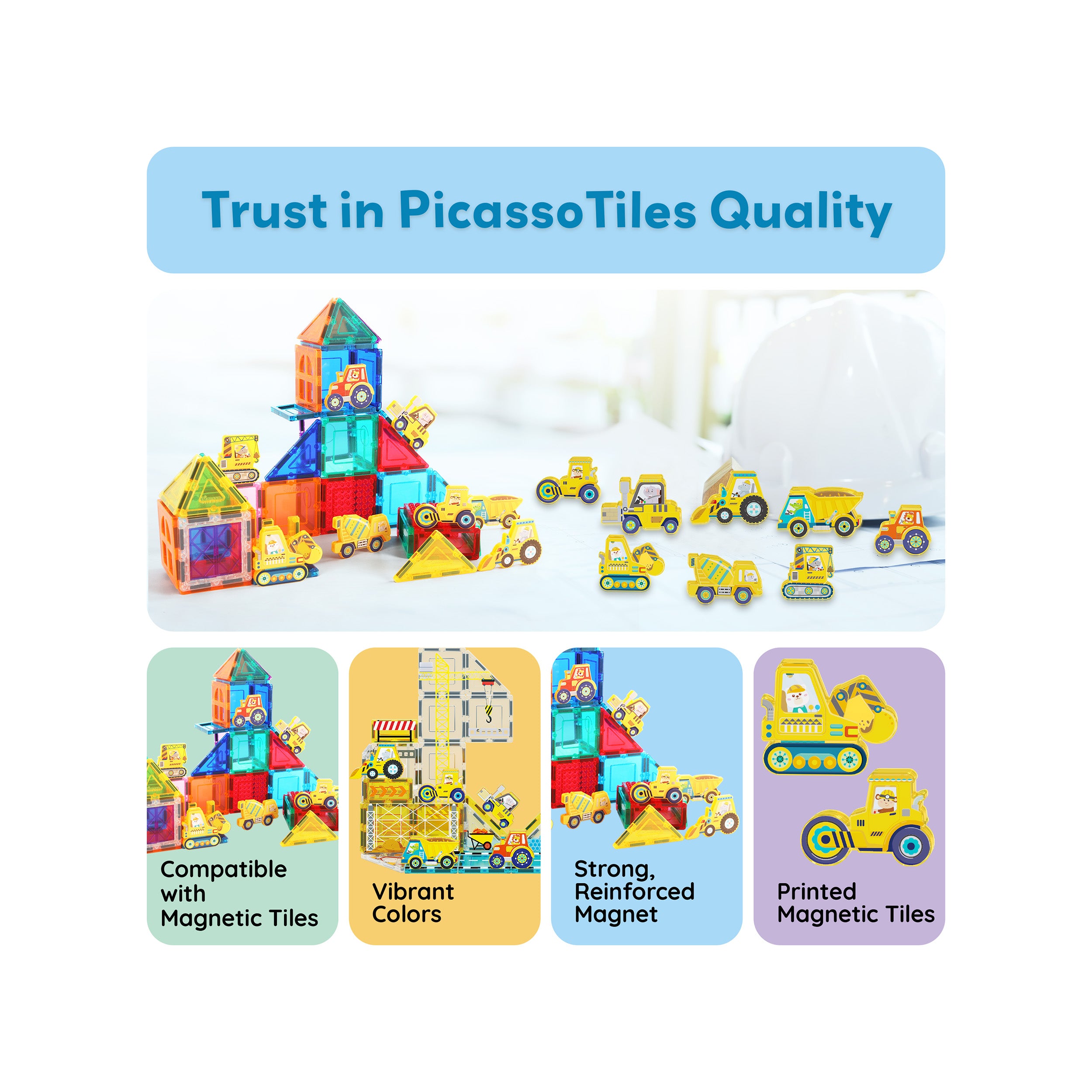 PicassoTiles 8pc Magnet Tile Zoo Animal Set on Construction Vehicles