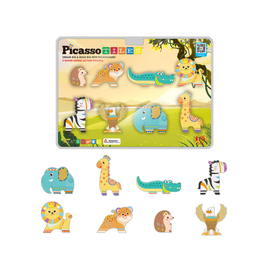 PicassoTiles Magnet Building Blocks 8 Safari Animal Action Figures