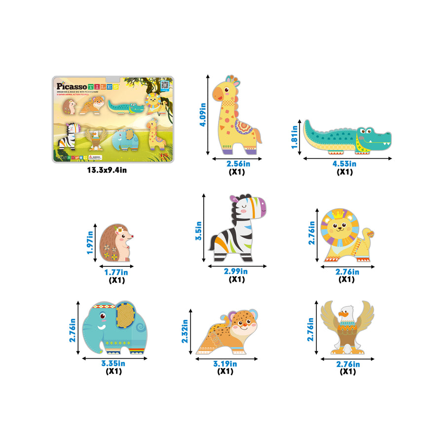 PicassoTiles Magnet Building Blocks 8 Safari Animal Action Figures