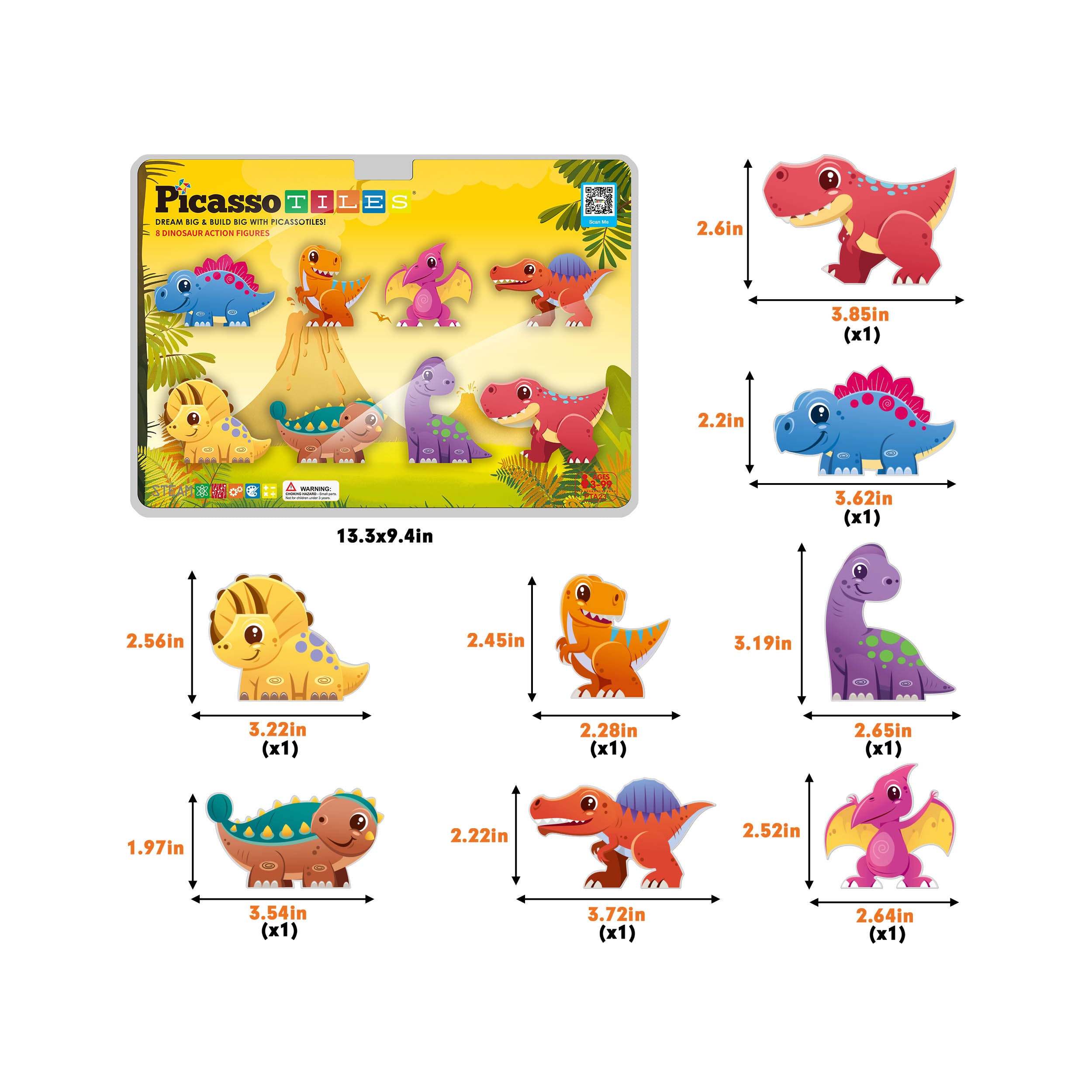 PicassoTiles Magnet Tiles Building Blocks 8 Dinosaur  Action Figures