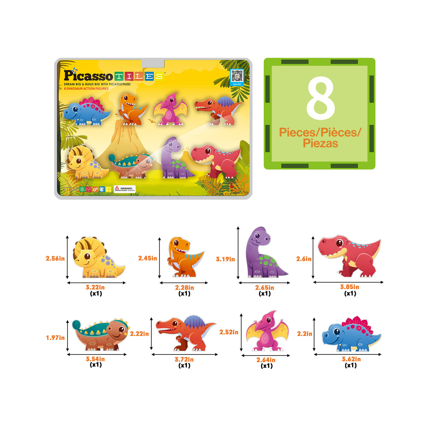 PicassoTiles Magnet Tiles Building Blocks 8 Dinosaur  Action Figures